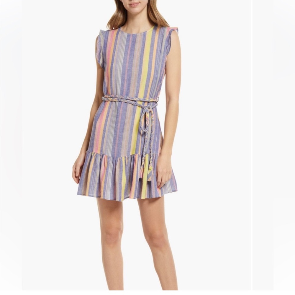 Marine Layer Multi-Stripe Sleeveless Ruffle Hem Dress in Lavender, Yellow, Pink